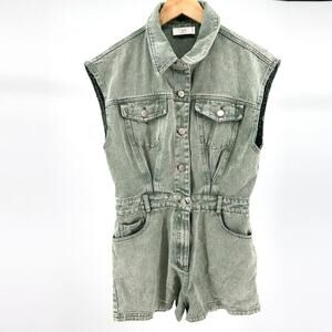Retro Heavy Weight Green Denim Sleeveless Romper